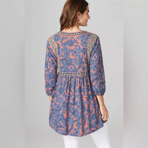 J Jill Sz MP Tunic Style Top Floral Boho Coral and Blue Metallic Lace Detail - Picture 3 of 10
